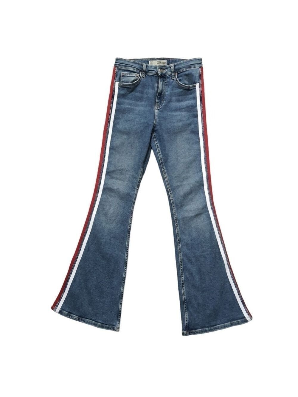 🇺🇸 Topshop Jeans Moto Jamie Flare Womens 28 High Waisted Red White Blue Stripe